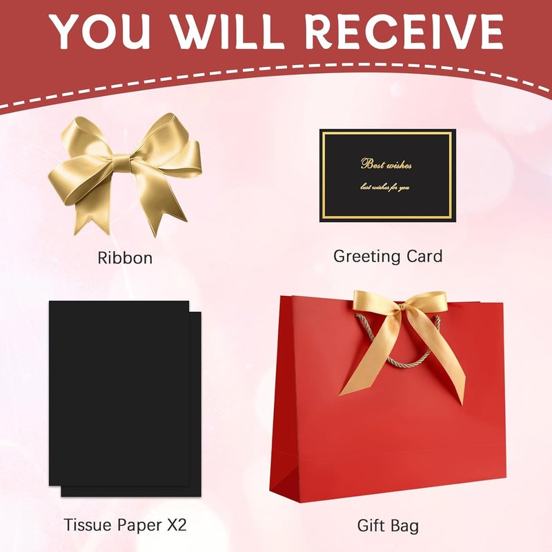 JMANNI 1PCS Large Gift Bag with Ribbon and 1 Greeting Card 2 Tissue Papers, Portable Paper Gift Bag with Handles, Birthday Present Bags for Wedding Party,Mothers Day12.6" x 9.8" x 3.9"(LightRed) - Image 2